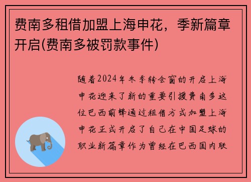 费南多租借加盟上海申花，季新篇章开启(费南多被罚款事件)